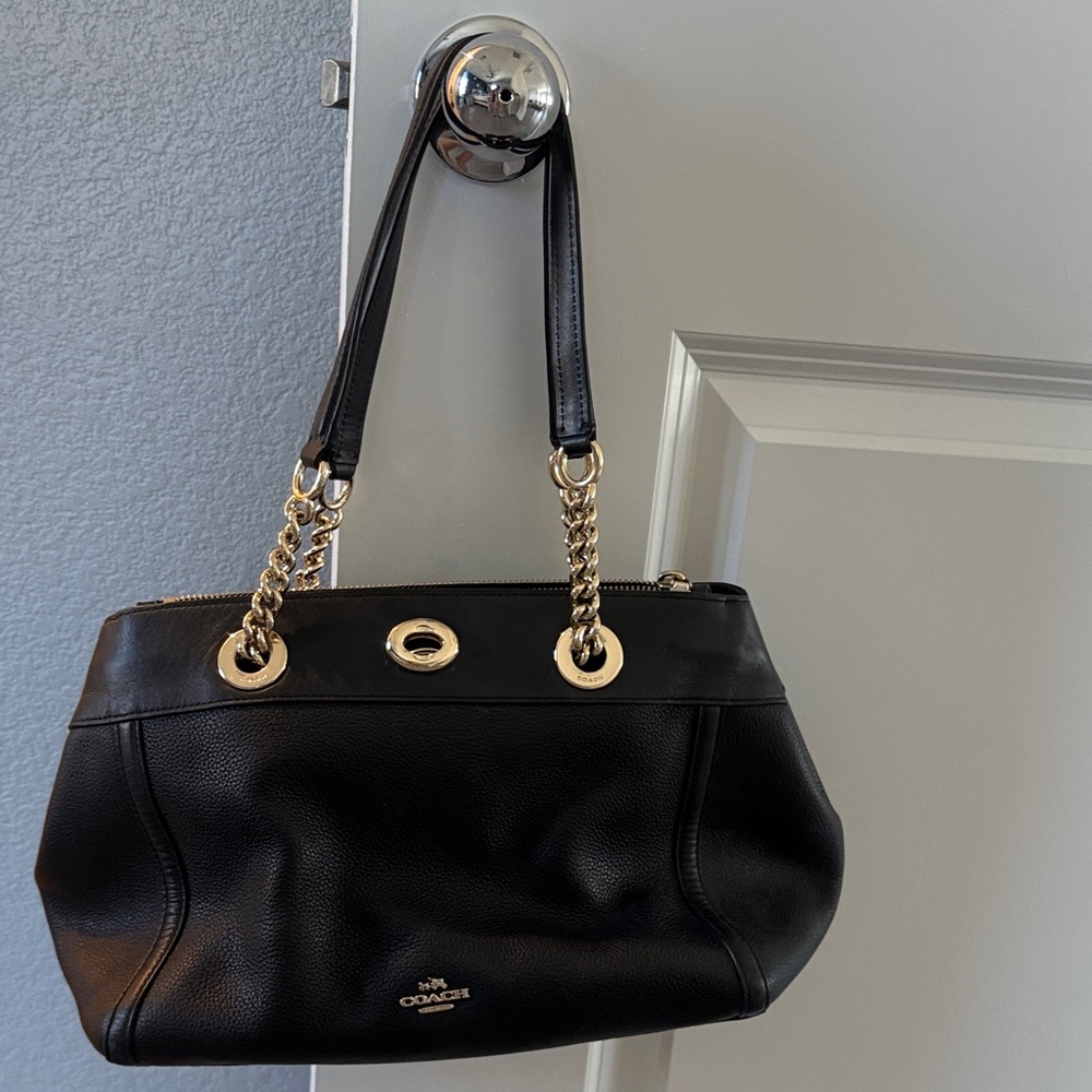 Coach Black Leather Shoulder Bag with Gold Accents